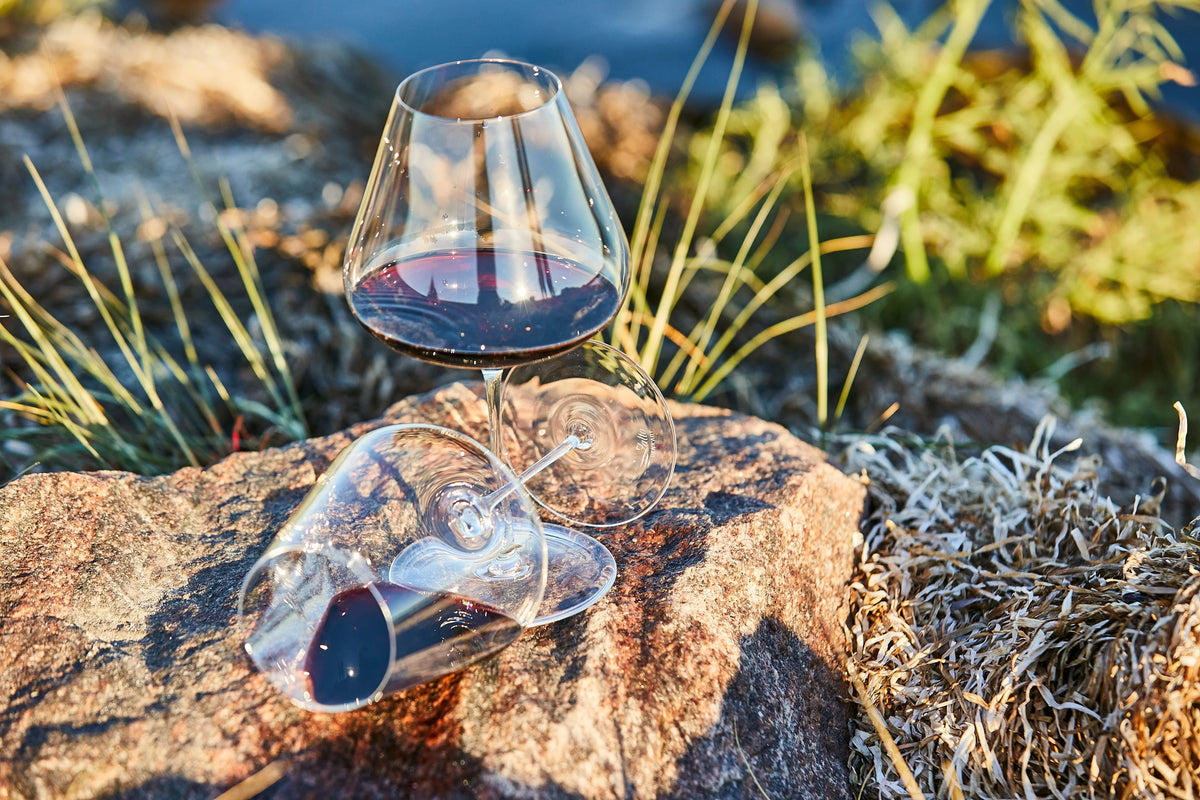 Zalto glass of red wine and a Zalto decanter on a rock outdoors