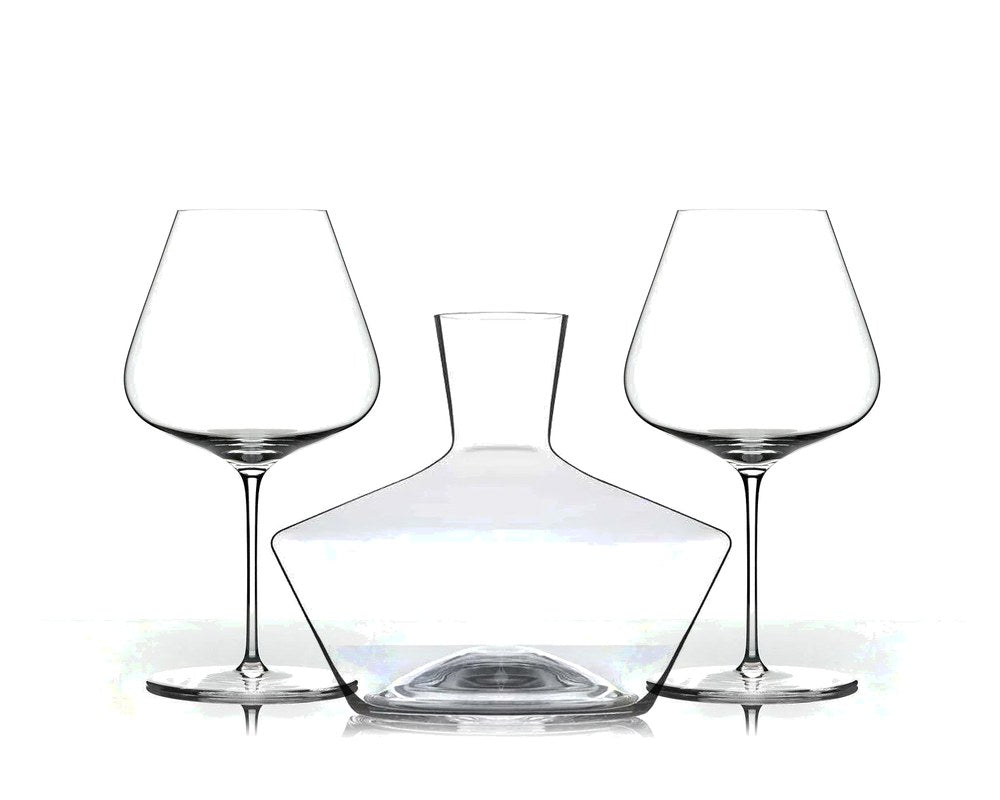 Two Zalto Burgundy glasses and a Zalto Mystique decanter