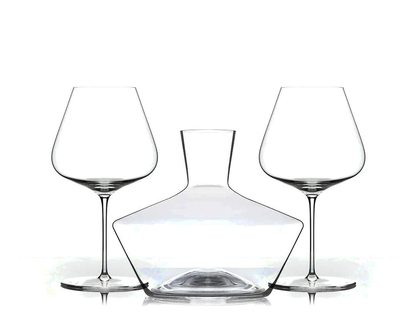 Two Zalto Burgundy glasses and a Zalto Mystique decanter