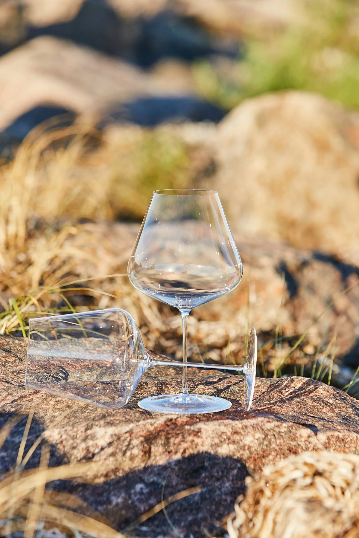 Empty Zalto Burgundy glasses on rocks outdoors